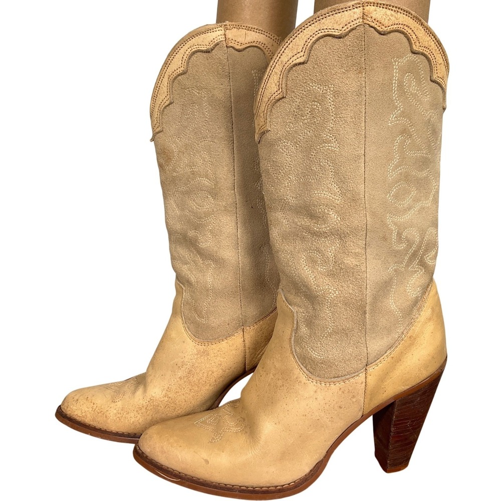 Zodiac USA Leather Boots Womens 7.5N Tan Suede Western Cowgirl Stack Heel VTG